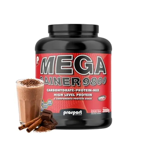 Prosport Mega Gainer 9800, Schoko-Zimt, Weight Gainer, Masseaufbau, mit Vitaminen und Zink, Kohlenhydrat-Eiweiß-Konzentrat, 3000g Dose