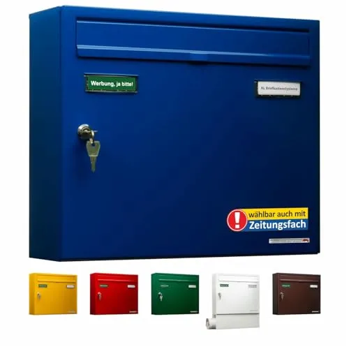 AL Briefkasten Systeme Basic 1er Briefkasten in Enzianblau - Wandbriefkasten DIN A4, wetterfest und rostfrei, inklusive 2 Namensschildern und Posthaltebügel für optimale Nutzung im Außenbereich.