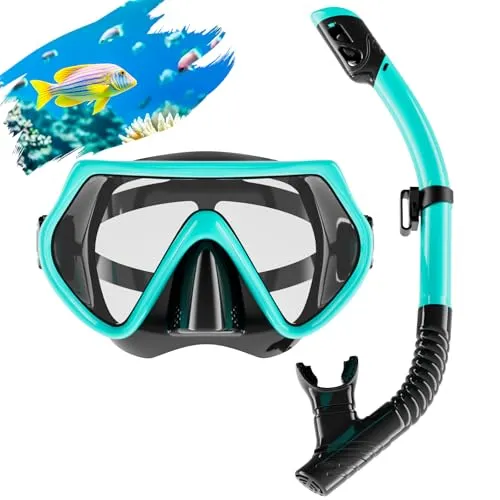 Schnorchelset Erwachsene, Schnorcheln Set mit Taucherbrille und Dry Schnorchel, Anti-Fog Anti-Leck Schnorchelmaske aus Gehärtetem Glas, für Tauchen Schnorcheln Schwimmen