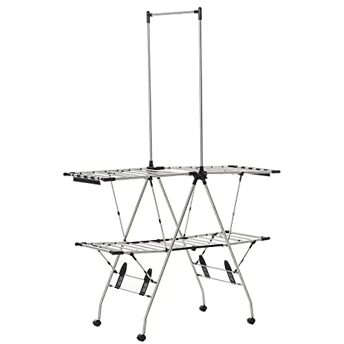 HOMCOM Wäscheständer 1,385 m Trockenlänge - Wäscheständer mit 3 Ebenen zum platzsparenden Trocknen, teleskopierbar und mit praktischen Rollen für einfache Mobilität, ideal für drinnen und draußen.