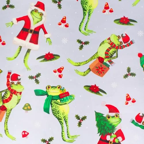 Weihnachtsgeschenkpapier 70cm x 2m Rolle Frösche mit Geschenken - Geschenkpapier mit Motiv für Weihnachten - Geschenkpapierrolle mit Weihnachtsmotiv - Weihnachtspapier lustig witzig Silber Grün