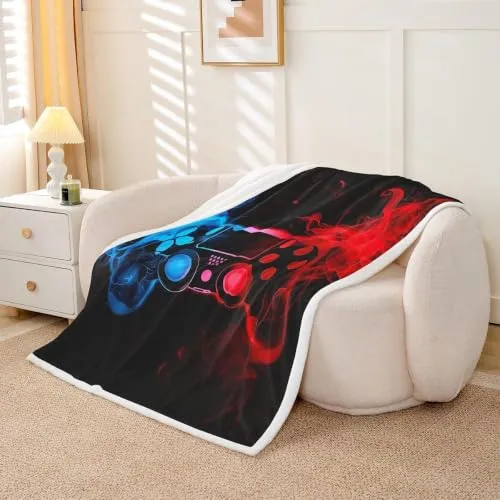 Homewish Spielen Fleecedecke für Kinder Jungen Spielcontroller 150x200cm | Überwurfdecke Teenager Spieler Bettdecke Videospiele Spielpad Fuzzy Decke Mann Klassische Retro Wohnzimmerdekoration Rot Blau