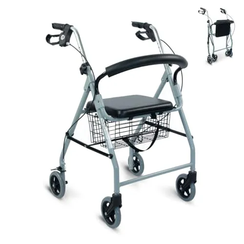 Mobiclinic®, Rollator, Faltbar und leicht, Gehhilfe, Mit sitzfunktion, Gepolsterte rückenlehne, Handbremsen, Ergonomische griffe, Abnehmbarer korb, Europäische marke, Modell alhambra, Grau