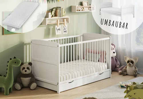 Kids Collective Babybett Kinderbett 60x120/70x140 cm umbaubar zu höhenverstellbares Lattenrost, 70x140 cm Weiß mit Matratze und Schublade von Geburt bis 6. Lebensjahr