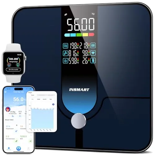 INSMART Smart scale, 227KG/500lb 30x30cm Personenwaage Digital, Körperfettwaage mit APP/Bluetooth/Vollflächiger Sensor, 18 Messdaten für BMI, Gewicht, Körperfett, Herzfrequenz, Muskelmasse