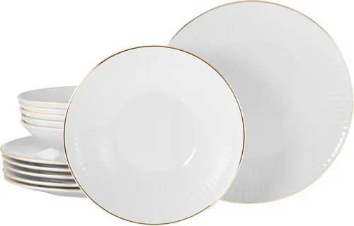 CreaTable Valencia Gold 12-teiliges Geschirrset für 6 Personen - Tafelservice aus hochwertigem Porzellan mit edlem Goldrand, spülmaschinen- und mikrowellengeeignet, ideal für festliche Anlässe.