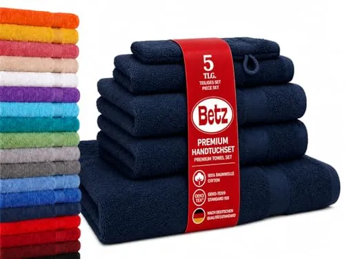 Betz Premium Frottier Handtuch-Set 5-teilig - Dunkelblau - Frottiertuch Set aus 100% Baumwolle mit 1 Waschhandschuh, 1 Gästetuch, 1 Liegetuch und 2 Handtüchern. Hochwertig, pflegeleicht und langlebig, bleibt auch nach vielen Wäschen kuschelig weich.