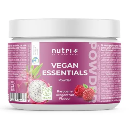 Nutri + Vegan Essentials Pulver 250 g – hochdosiert + vegan – 11 essenzielle Vitamine & Mineralstoffe + Cholin – Raspberry Dragonfruit Geschmack – Vegan Multivitamin Powder