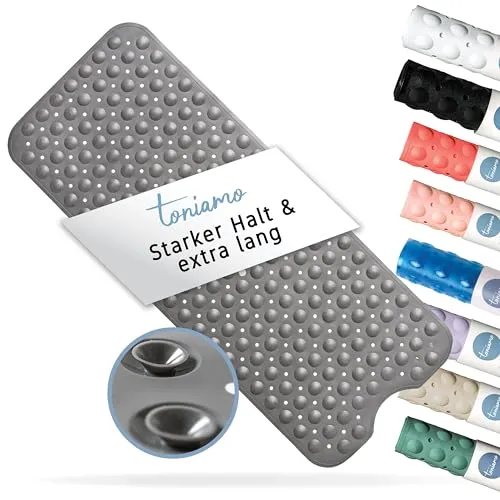 Toniamo Badewannenmatte rutschfest 100x40 cm | Extra Lange Badematte rutschfest | Antirutschmatte Badewanne ohne BPA | Badewannen Matte antibakteriell & maschinenfest | Anti Rutschmatte | Grau