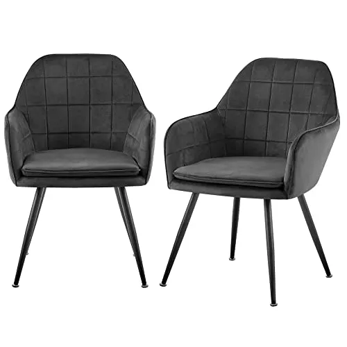 TRISENS Esszimmerstühle Steppoptik Loungesessel mit Armlehnen gepolsterte Küchenstühle mit abgestepptem Samtbezug Stühle mit Metallgestell, Farbe:Dunkelgrau, Menge:2 St.