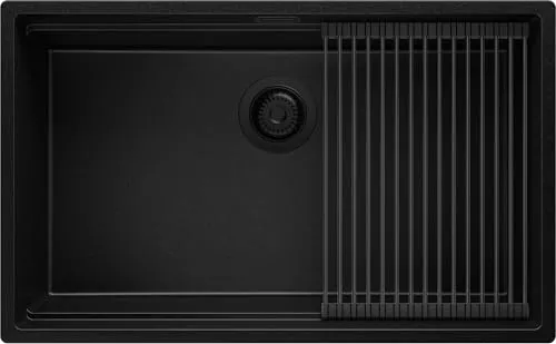 PRIMAGRAN Spülbecken Alles Schwarz 76x47cm, Granitspüle 1 Becken + Ablauf-Set + Aufrollbare Abtropffläche, Küchenspüle ab 80er Unterschrank - Praga Slim S445