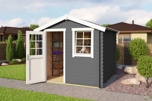 Gartenhaus Blockhaus Satteldach 28 mm Wels 2 grau 250x250 cm - Gartenhaus aus robustem Holz mit 28 mm Wandstärke, abschließbar und ideal für Gartenlagerung oder als Rückzugsort.