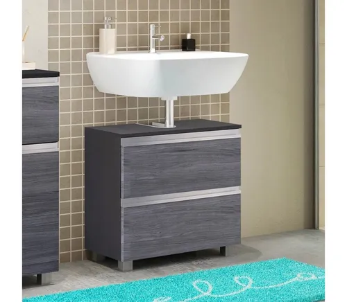 möbelando freiraum Arezzo I Unterbeckenschrank 60 cm – moderner Waschbeckenunterschrank in Graphit & Eiche Rauchsilber mit Softclose-Auszug