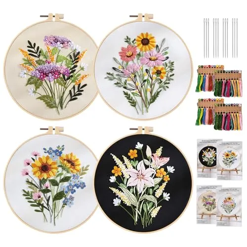 Stickset für Anfänger, 4 Sticken Set Erwachsene, Embroidery Kit mit Stickrahmen Farbfäden Werkzeuge, Blumenmuster Pflanzen Stickerei Set, Sticken für Anfänger, Kreuzstich Set für DIY Kunst, Handwerk