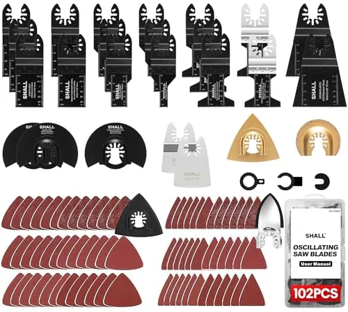 SHALL 102 Multitool-Klingen Set - Oszillierwerkzeug-Zubehör mit 102 Teilen, inklusive langlebiger Bimetall- und HCS-Klingen, ideal für vielseitige Renovierungs- und Reparaturarbeiten.