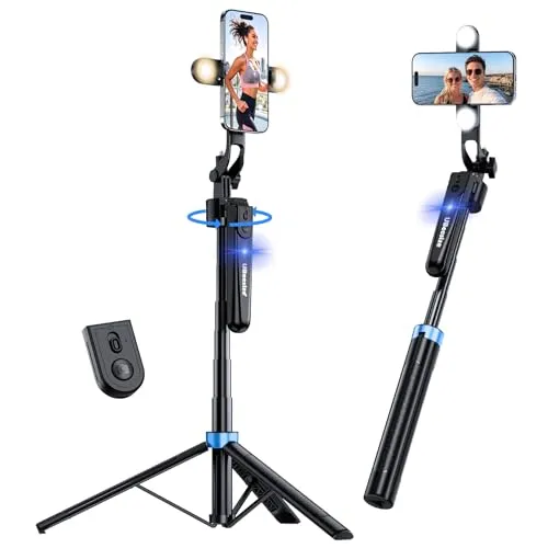 UBeesize Handy Gimbal 360° Drehung Selfie Stick Stativ mit Fernbedienung Automatische Gesichtserkennung Handy Stativ für Smartphone mit Licht für YouTube Tiktok Live Streaming Vlog