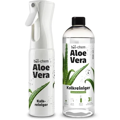bio-chem Kalkreiniger Konzentrat Aloe Vera | Badreiniger gegen Kalk & Wasserflecken für Dusche, Armaturen & Fliesen | Duftsprühflasche Flowra + 750 ml Refill