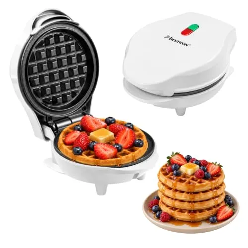 Bestron Mini-Waffeleisen für klassische Waffeln, kleiner Waffelmaker mit Antihaftbeschichtung, für Kindergeburtstage, Familienfeiern, Ostern oder Weihnachten, Backfläche Ø 10cm, Farbe: Weiß