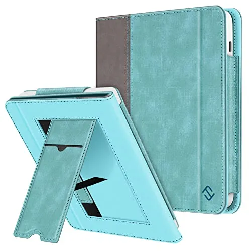 Fintie Hülle für Tolino Vision Color (2024)/Vision 6 (2021) & Kobo Libra Colour (2024)/Libra 2 (2021) 7 Zoll - Kickstand Hülle mit Kartenfach Handschlaufe und Auto Sleep/Wake, Jeansoptik Türkis