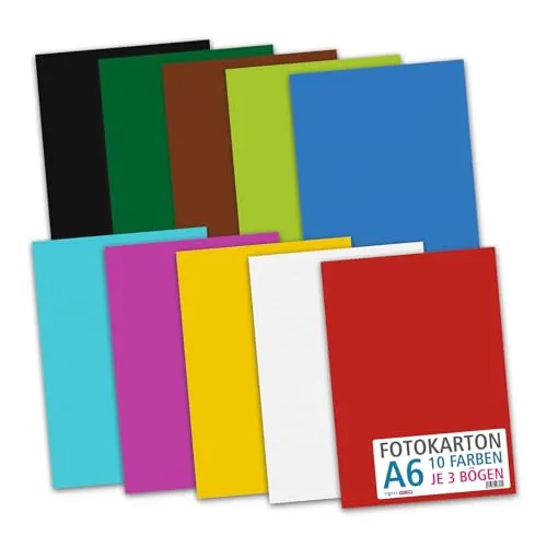 itenga Fotokarton Bogen farbig sortiert DIN A2 A3 A4 A5 A6-300 g/qm 30 Blatt - Tonkarton Bastelkarton Bastelpapier 10 Standardfarben - pro Farben je 3 Blatt (DIN A6-30 Blatt 10 Farben 300 g/qm)