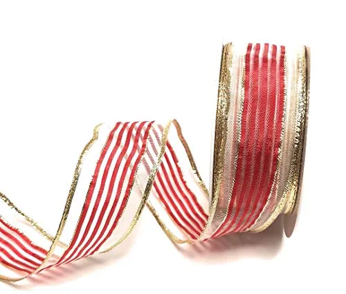 Schleifenband 20m x 40mm Organza Rot - Gold gestreift Dekoband Geschenkband [3250]