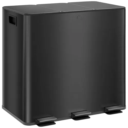 Homcom Mülleimer - 3-Fächer Edelstahl Abfalleimer - Haushaltszubehör mit drei 15L Fächern für Recycling und integrierten Deodorant-Kassetten, die Gerüche minimieren. Elegantes, fingerabdrucksicheres Design für eine stets saubere Küche.
