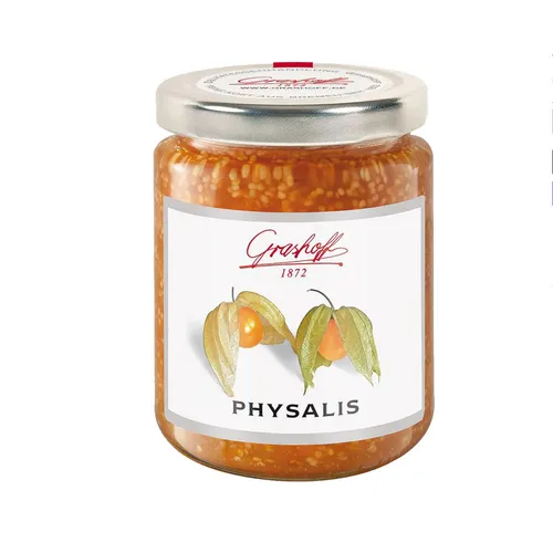 Grashoff Physalikonfitüre Extra 250g - Leckere Konfitüre aus kolumbianischen Physalisfrüchten, ideal für Brot und Desserts. Genießen Sie den fruchtigen Geschmack in bester Qualität!