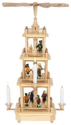 Richard Glaesser Weihnachtspyramide Erzgebirgsmotive 54cm - 3-stöckige, 4-eckige Weihnachtspyramide aus Holz mit bunten Erzgebirgsmotiven – ein handgefertigtes Meisterwerk für festliche Stimmung.