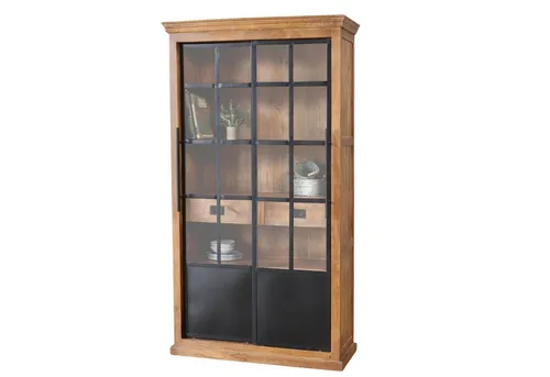 baario Vitrine HOXT Industrial Style - Vitrinenschrank aus massivem Mangoholz und Eisen, handgefertigt im Industrial Stil mit Schiebetüren und zwei versteckten Schubladen für optimalen Stauraum.