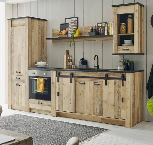Furn.Design Küchenzeile Stove in Used Wood mit Schiebetüren - Moderne Küchenzeile in Used Wood-Optik, inklusive praktischer Schiebetüren und Soft-Close-Funktion. Ideal für ein stilvolles Zuhause. Platz für individuelle Gestaltung!