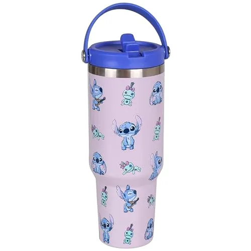 Disney Stitch Großer Thermobecher mit Deckel und Mundstück, Edelstahl, Reisebecher mit Henkel 1,18l (C)