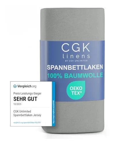 Spannbettlaken Jersey 90x200 cm - 100% Baumwolle weich & atmungsaktiv wärmend - Bettlaken Spannbetttuch mit Rundumgummi für Matratzen bis 30 cm & Boxspringbetten DE - Oeko-Tex Zertifiziert - Hellgrau