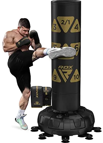 RDX 6FT 330LB Freistehender Boxsack mit Handschuhen Set XXL - Erleben Sie intensives Training mit dem RDX XXL Boxsack-Set. Der stabile, freistehende Boxsack bietet außergewöhnliche Haltbarkeit und die Möglichkeit, mit Sand oder Wasser gefüllt zu werden. Ideal für Boxen, Kickboxen und MMA.