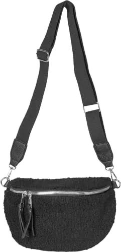 styleBREAKER Damen Teddyfell Halbmond Crossbody Schultertaschen Einfarbig, verstellbarer Schultergurt 02012403, Farbe:Schwarz