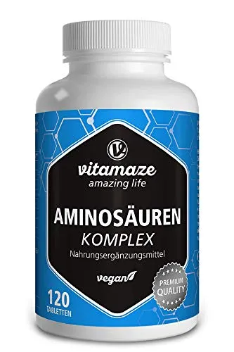 Aminosäuren Komplex hochdosiert & vegan, 120 Tabletten mit 8 essentiellen Aminosäuren EAA (u.a. Tryptophan, Lysin, Leucin, Tyrosin), Nahrungsergänzung ohne Zusatzstoffe