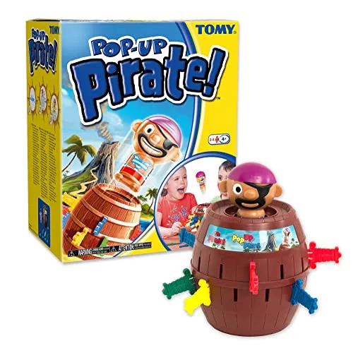 TOMY Pop Up Pirate - Hochwertiges Familienspiel für Geschicklichkeit - Gesellschaftsspiel für die ganze Familie, fördert Geschicklichkeit und sorgt für Spaß beim Spieleabend. Mit bunten Schwertern und leicht zu reinigendem Material.