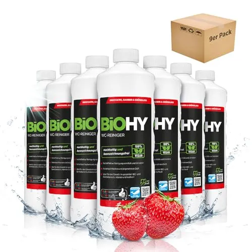 BiOHY WC-Reiniger (9 x 1 Liter) | Bio Toilettenreiniger mit frischem Schaum | EXTRA STARK | Badreiniger Gel wirkt effektiv gegen Kalk & Urin | säubert die Toilette blitzschnell