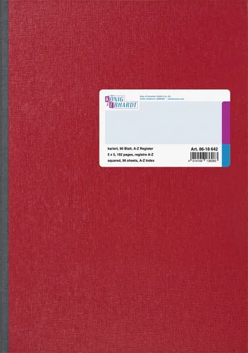 König Ebhardt 8618642-600SB96DR - A4 kariert Notizblock, 96 Blatt mit Register A-Z, stilvolles rotes Gitter-Design