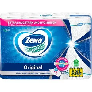 Zewa Original Küchenrolle 2-lagig – 8 Rollen à 45 Blatt - Küchenrollen aus 2-lagigem Papier, ideal für den täglichen Gebrauch in der Küche. Jede Rolle enthält 45 Blatt für optimale Sauberkeit und Hygiene.