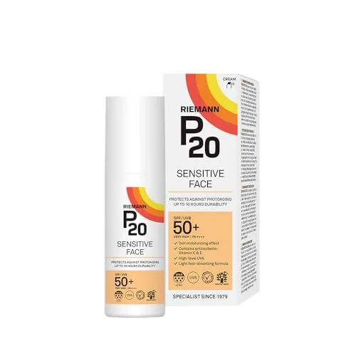 P20 RIEMANN Sensitive Face LSF50+ UV-Schutzcreme, 50 g, nicht fettend, hochwirksam, schützt das Gesicht vor UV-Strahlung, Sonnenschutzfaktor 50+, wasser-/schweißbeständig, unter Make-up tragen