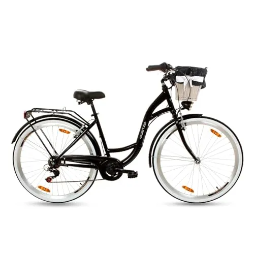 Goetze Mood 28 Zoll Damen Citybike, 18 Zoll Tiefeinsteiger Stahlrahmen, 7-Gang Kettenschaltung, doppelte V-Bremsen, LED-Beleuchtung, Rattankorb, Komfortsattel, mit Seitenständer & Klingel