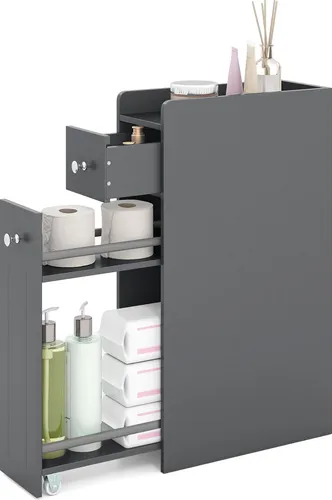 COSTWAY Nischenschrank Grau – Platzsparender Badschrank mit Schublade & Rollen
