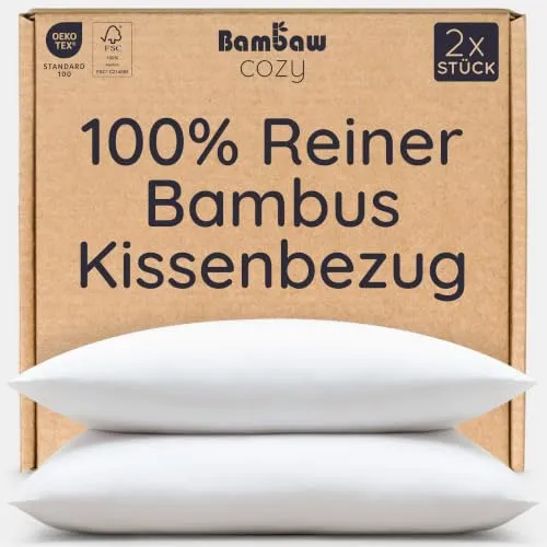 Bambaw Bambus Kissenbezug 50x70 cm, 2-er Pack, nachhaltige Bambusfasern, antibakterielle und hypoallergene Bettwäsche, Sommer Bettwäsche kühlend, haarfreundlicher Kissenbezug 50x70 Bambus (Weiß)
