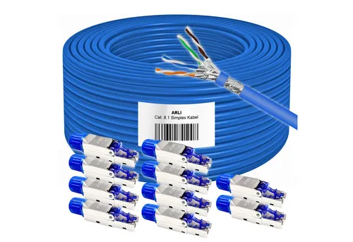50m Cat8 Verlegekabel mit 10 RJ45 Steckern - Ethernetkabel (RJ-45/8P8C) mit 40 Gbit/s Bandbreite, halogenfrei und ideal für schnelle Netzwerkanforderungen.
