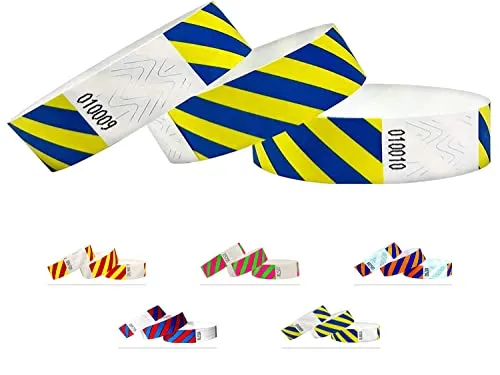 Eintrittsbänder aus Tyvek, Gestreift, Party Einlassbänder, Securebänder, Festival Armbänder, Kontrollbänder für dein Event (Blue-Yellow, 500 Pack)
