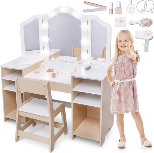 Mamabrum Kindertoilette mit LED-Licht und Zubehör - Sonstige Holzspielzeuge – Kreativer Schminktisch mit berührungsempfindlicher LED-Beleuchtung und 9 Accessoires für fantasievolles Spiel und Selbstentfaltung.