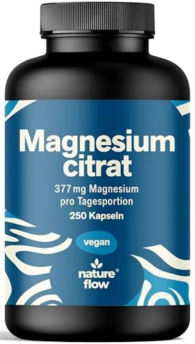 Magnesiumcitrat Kapseln hochdosiert – 250 Kapseln mit 377 mg Magnesium pro Tagesportion, laborgeprüft, vegan & produziert in Deutschland