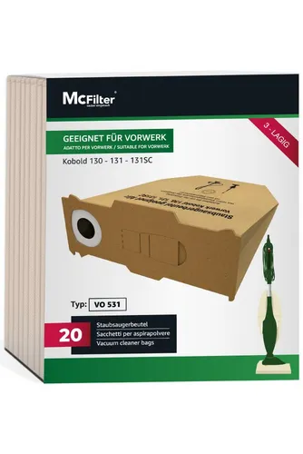 McFilter Staubsaugerbeutel (20 Stück), passend für Vorwerk Kobold 130 131 SC, 20 St., 3-lagig, Pappdeckscheibe, inkl. Staubverschluss