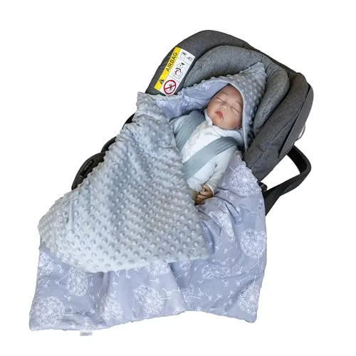 LOOLAY Einschlagdecke Babyschale - Babydecke Autositz 90x90 cm - Fußsack für Autositz Ganzjahresdecke - Minky und Bio-Baumwolle - 3 und 5 Punkt Gurt kompatibel (Grau Pastelblume)