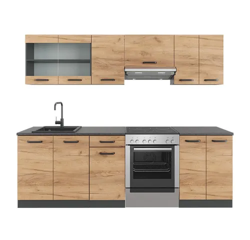 Vicco Küchenzeile Raul - 240 cm, Goldkraft Eiche Anthrazit mit schwarzer gemusterter Arbeitsplatte, flexibel umstellbar und pflegeleicht